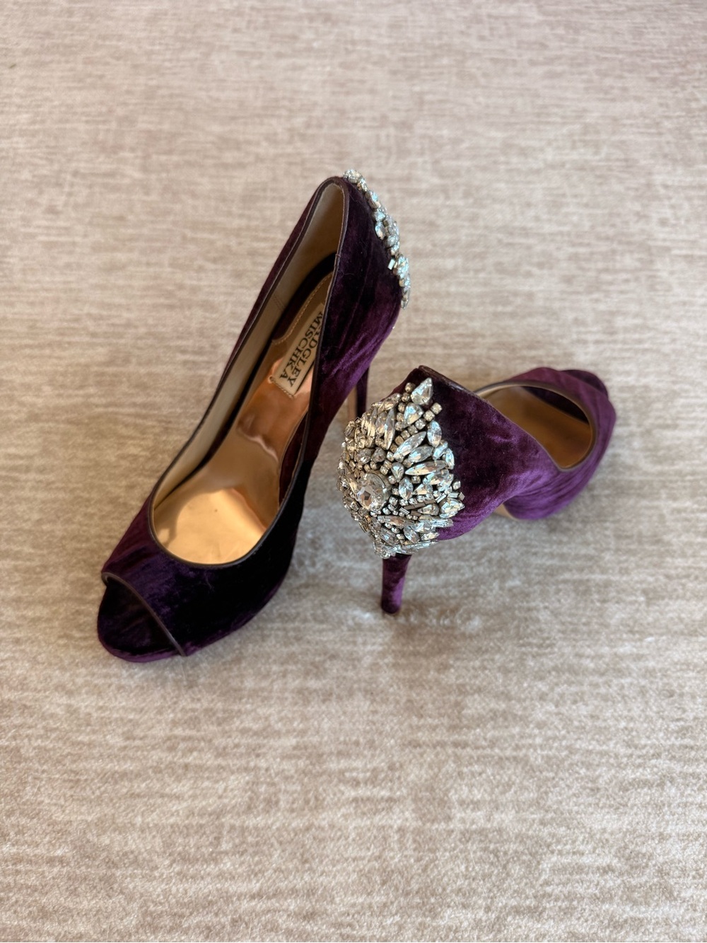 Badgley Mischka Purple Velvet Embellished Peep-Toe Heels